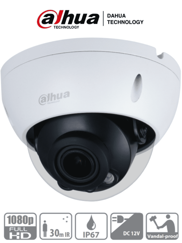 DAHUA HAC-HDBW1200R-Z- Cámara Domo Antivandálica de 2 Megapíxeles/ Lente Motorizado de 2.7 a 12mm/ IR de 30 Metros/ Metalica/ IP67/ IK10/ Soporta CVI/CVBS/AHD/TVI/ BLC/HLC/DWDR/