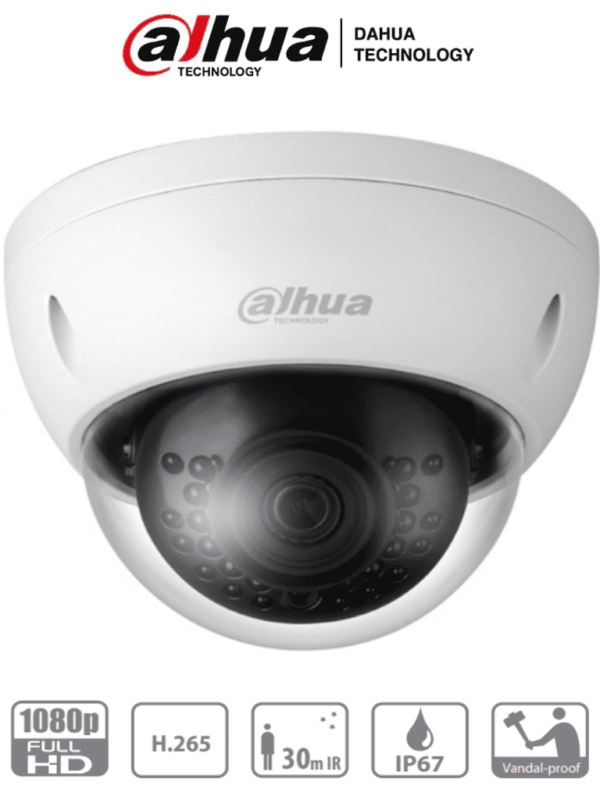 DAHUA IPC-HDBW1230E- Camara IP Domo Antivandalica de 2 Megapixeles/ Lente de 2.8 mm/ 104 Grados de Apertura/ Metalica/ IR de 30 Mts/ IP67/ IK10/ PoE/ DWDR/