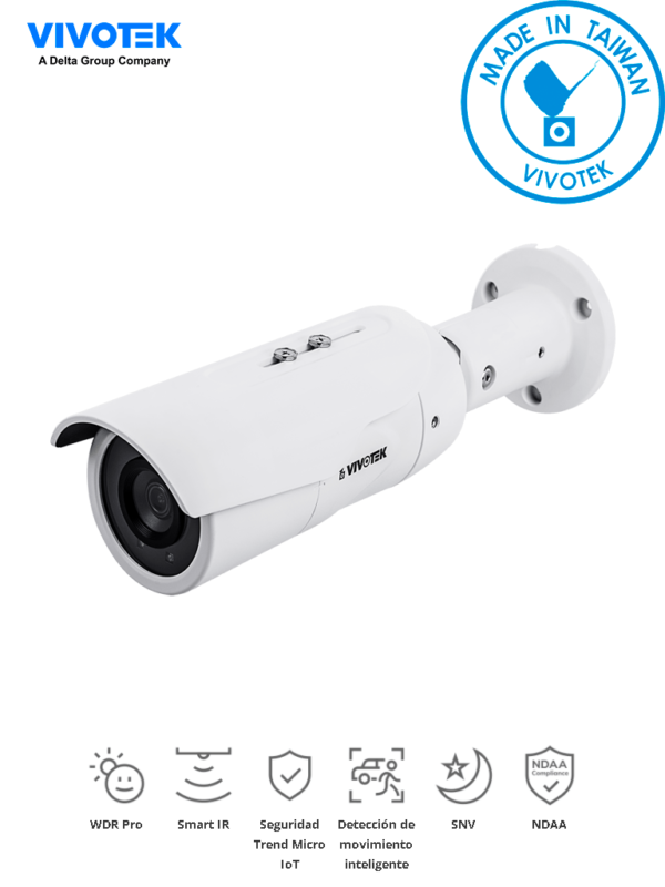 VIVOTEK IB9389-EH-v2 - Camara IP bullet exterior 5 Megapixeles / H265 / Lente fijo 3.6mm / WDR Pro/ Smart IR 30mts /Visión SNV/ Smart stream III /Ciberseguridad Trend Micro/ Smart Motion/ Protección IP66, IK10/ NDAA/ONVIF