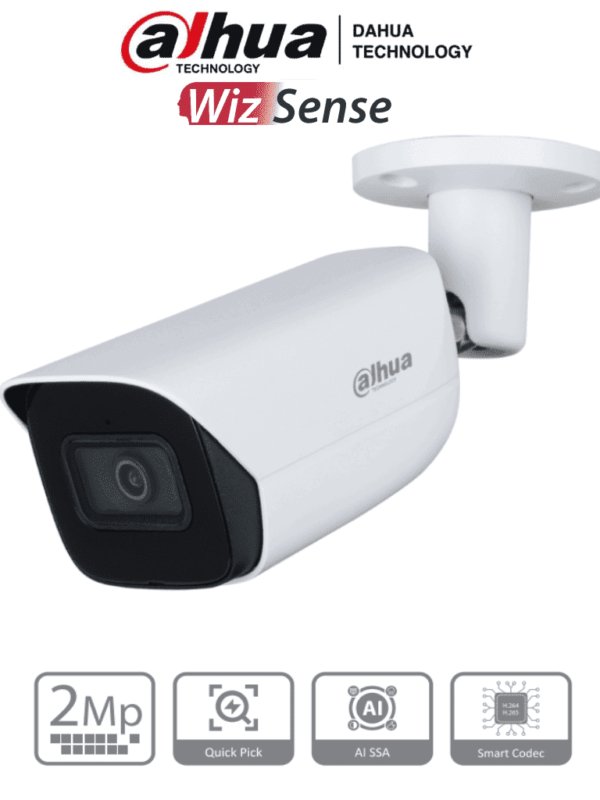 DAHUA IPC-HFW3241E-S-S2 - Camara IP Bullet de 2 Megapixeles/ WizSense/ Con IA/ Lente de 2.8 mm/ 107 Grados de Apertura/ Microfono Integrado/ IR de 50 Mts/ SMD 4.0/ AI SSA/ Quick Pick/ Ranura MicroSD/ WDR Real de 120 dB/ PoE/ IP67/ #LoNuevo