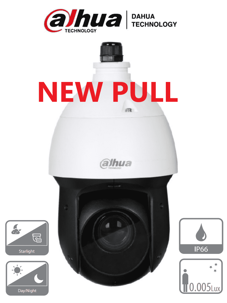 DAHUA DH-SD49225N-HC-LA - Cámara PTZ de 2 Megapíxeles NEWPULL/ Nuevo con Detalle en Caja/ 25x de Zoom Optico/ Starlight/ WDR Real de 120 dB/ IR de 100 Mts/ IP66/ 2&1 E&S de Alarma/ 1 Canal de Audio/