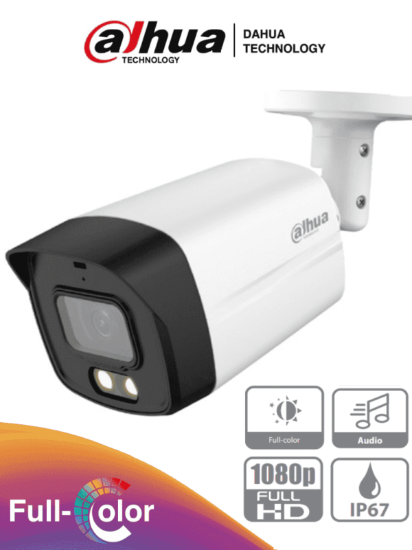 DAHUA HAC-HFW1209TLMN-A-LED - Camara Bullet Full Color de 2 Megapixeles/ 1080p/ Lente de 2.8mm/ 108 Grados de Apertura/ Microfono Integrado/ 40 Metros de Iluminación/ DWDR/ IP67/ Metalica+Policarbonato/ #LoNuevo