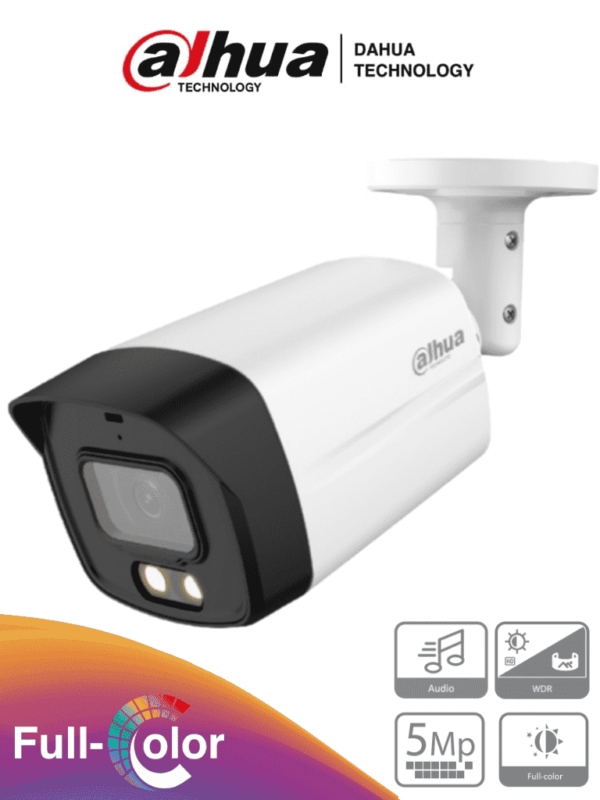 DAHUA HFW1509TLM-A-LED - Camara Bullet Full Color de 5 Megapixeles/ Lente de 3.6mm/ Microfono Integrado/ Leds para 40 Mts/ Starlight/ IP67/ Metal+Policarbonato/ #FullColor