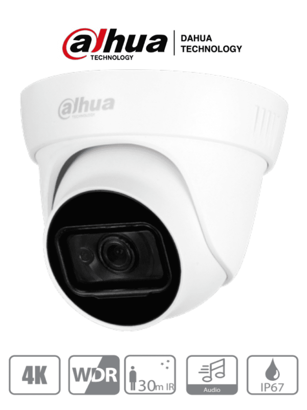 DAHUA DH-HAC-HDW1801TL-A - Cámara Domo 4k/ 8 Megapíxeles con Micrófono Integrado/ Lente de 2.8mm/ 105 Grados de Apertura/ WDR Real de 120 dB/ IR de 30 Mts/ IP67/ Soporta: CVI/CVBS/AHD/TVI/