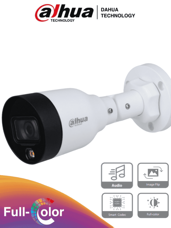 DAHUA IPC-HFW1239S1-A-LED-S5 - Camara IP Bullet Full Color de 2 Megapixeles/ Lente de 2.8mm/ 102 Grados de Apertura/ Microfono Integrado/ H.265+/ 15 Metros de Luz Visible/ IP67/ PoE/ DWDR/ LoNuevo