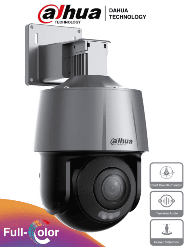 DAHUA SD3A200-GN-A-PV - Cámara IP PT de 2 Megapíxeles Full Color/ Disuasión Activa/ Lente Fijo/ Luz Blanca de 30 Metros/ IR de 30 Metros/ H.265+/ Ranura MicroSD/ Audio Bidireccional con Altavoz Integrado/ IP66/ PoE/