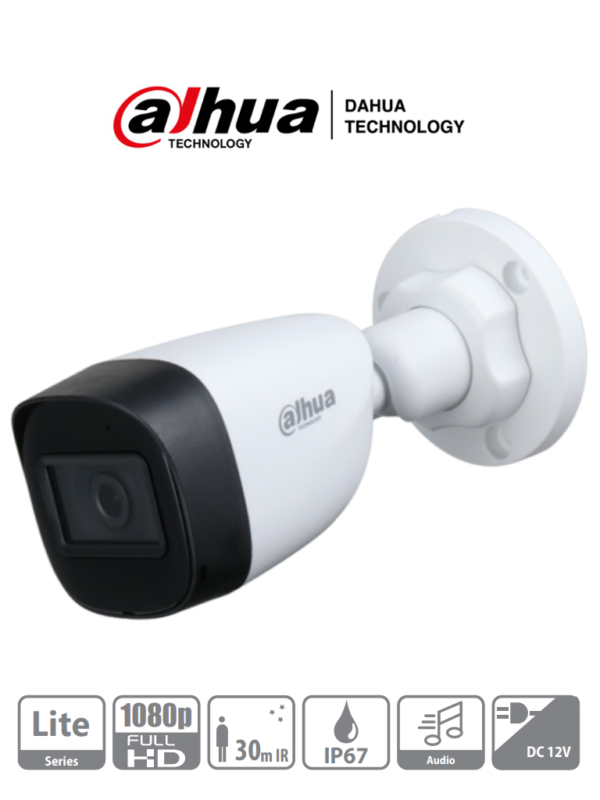 DAHUA HAC-HFW1200CN-A - Camara Bullet 1080p/ Micrófono Integrado/ Lente de 2.8mm/ 30 Mts de Ir/ IP67/ Policarbonato/ CVI/CVBS/AHD/TVI/ BLC/HLC/DWDR/