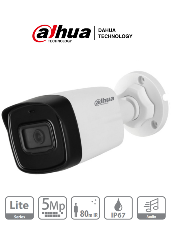 DAHUA HAC-HFW1500TL-A-28 - Camara Bullet de 5 Megapixeles/ Microfono Integrado/ Lente de 2.8mm/ IR de 80 Mts/ IP67/ Starlight/ CVI/CVBS/AHD/TVI/