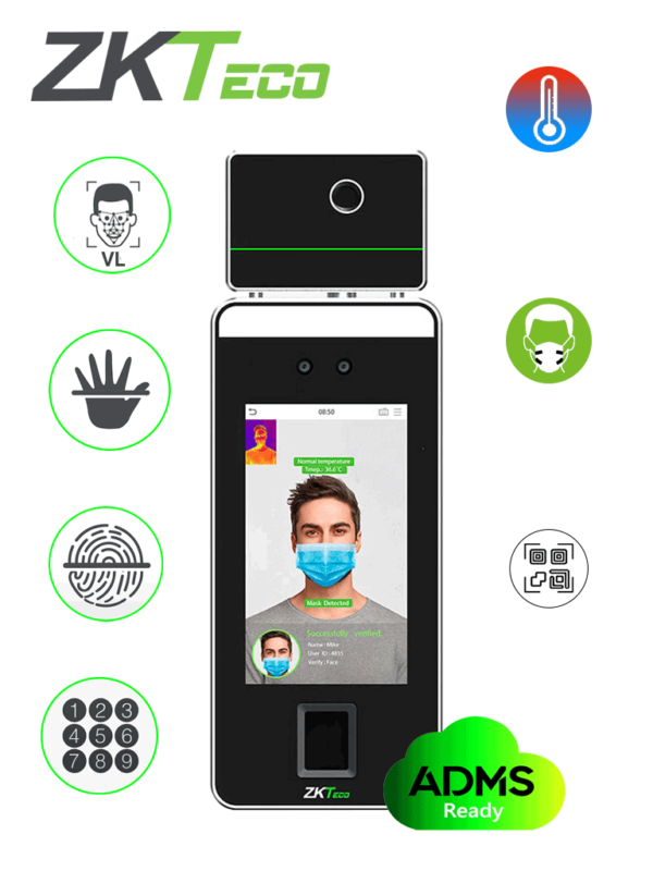 ZKTECO SPEEDFACEV5LTI -Terminal de Reconocimiento Facial / Palma / Huella con Medición de Temperatura y Detección de Cubrebocas / Código QR e Intercom / Interior / Serie Visible Light / Anti-Suplantación / #MTD