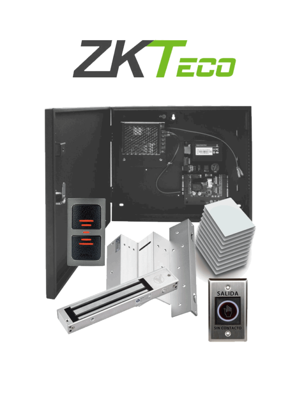 ZKTECO C3100IDPACK - Control de Acceso Profesional para 1 Puerta con Lector de Tarjeta RFID / Botón de Salida sin Contacto / Contrachapa Magnética y Soporte para Contrachapa / Paquete de 10 Tarjetas / Administra con Software ZK Access 3.5