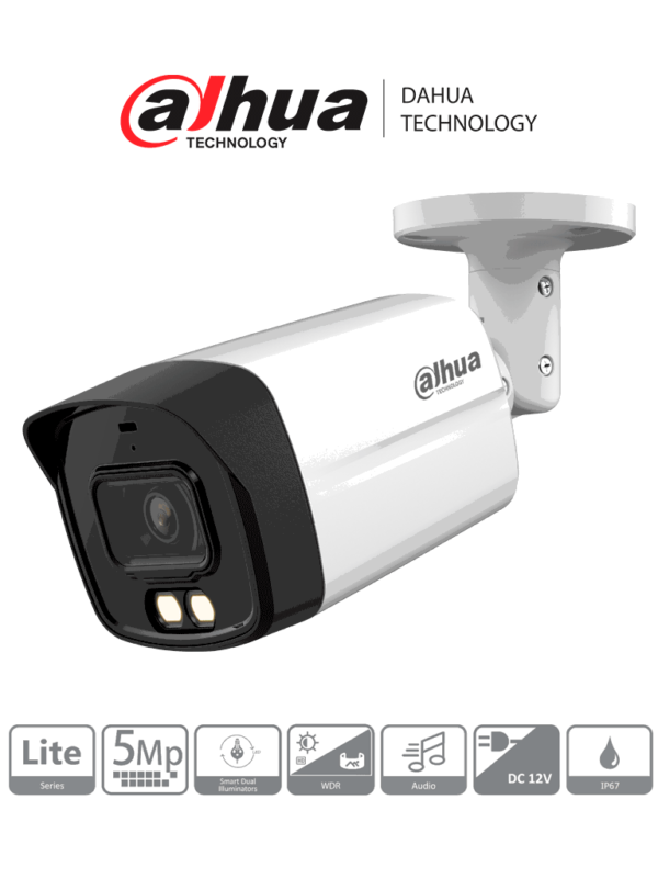 DAHUA DH-HAC-HFW1509TLM-IL-A - Cámara Bullet de 5 Megapixeles/ Iluminadores Duales Inteligentes/ Lente de 2.8mm/ 111 Grados de Apertura/ 40 Metros de Iluminación IR y Luz Visible/ Super Adapt/ Microfono Integrado/ IP67/ WDR Real/ #LoNuevo