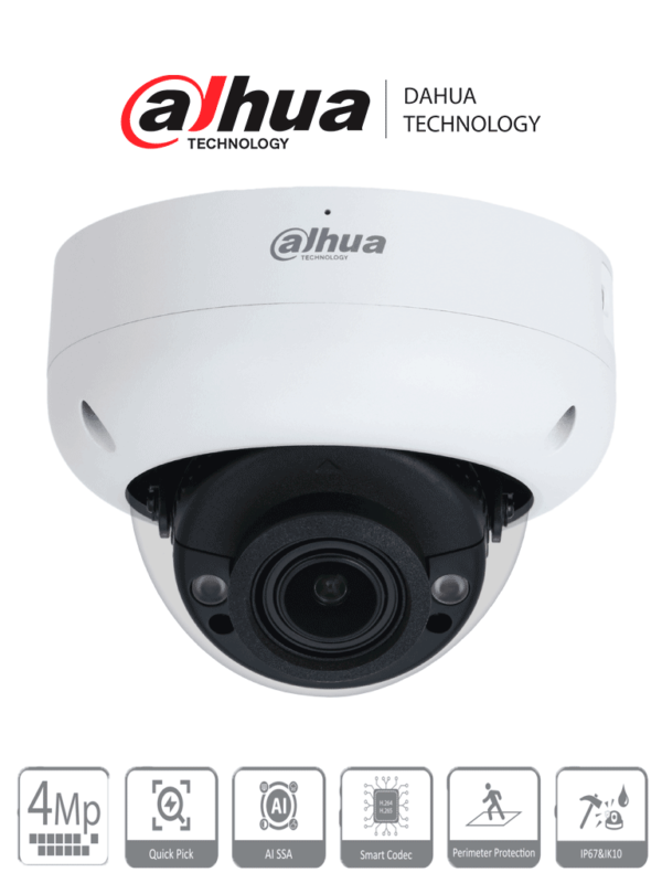 DAHUA DH-IPC-HDBW3441R-ZS-S2 - Cámara IP Domo Antivandálica Resolución de 4 MP/ Lente Mot. 2.7 a 13.5mm/ IR 40 mts/ IA WizSense/ Detección de Movimiento Inteligente/ Protección Perimetral/ Starlight/ PoE/ WDR/ H.265+/ IP67/ IK10/ E&S Alarma/ E&S Audio/