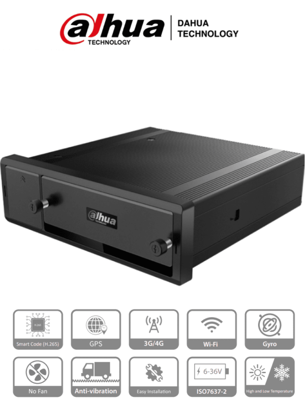 DAHUA MNVR4208-GFWI - NVR Movil de 8 Canales con Inteligencia Artificial/ 8 Puertos PoE/ Incluye GPS/ Wifi/ 4G/ Soporta 2 Discos Duros de 2.5 Pulgadas/ Soporta Reconocimiento Facial/ DSM (Monitoreo de Conductor)/ Reconocimiento de Placas (ANPR)/ #LoNuevo