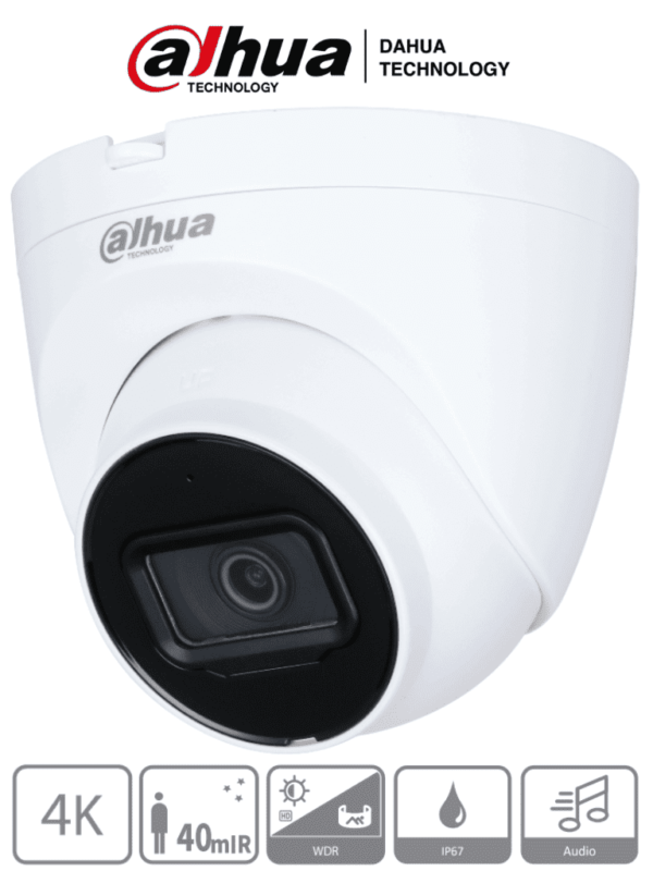 DAHUA DH-HAC-HDW1801TQN-A - Camara Domo 4k/ 8 Megapixeles con Microfono Integrado/ Lente de 2.8mm/ 106 Grados de Apertura/ IR de 40 Metros/ Super Adapt/ Instalación Rapida/ WDR Real de 120 dB/ IP67/ Soporta: CVI/CVBS/AHD/TVI/ #LoNuevo