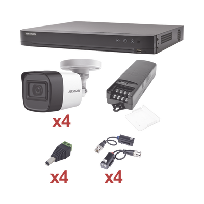 KIT TurboHD 1080p / DVR 4 Canales / 4 Camaras Bala (exterior 2.8 mm) / Transceptores / Conectores / Fuente de Poder Profesional