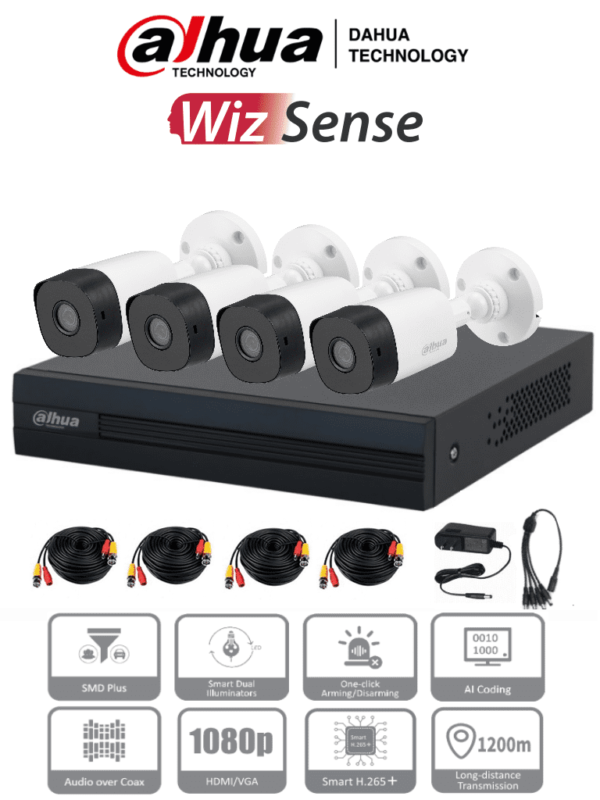 DAHUA KITXVR1B04-I+4B1A21 - Kit de 4 Canales de 2 Megapixeles/ DVR Cooper-I WizSense/ Con IA/ H.265+/ 4 Camaras B1A21 1080p/ 4 Canales + 1 IP o Hasta 5 Canales IP/ 4 Canales SMD Plus/ Busqueda de Humanos y Vehiculos/ Accesorios Incluidos/