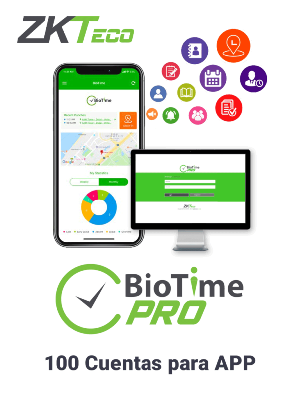 ZKTECO BIOTIMEPROAPPSTANDARD - Licencia Vitalicia de Aplicacion Móvil para uso de BIOTIME PRO / Compatible con Celulares ANDROID o iOS / Soporta 100 Cuentas