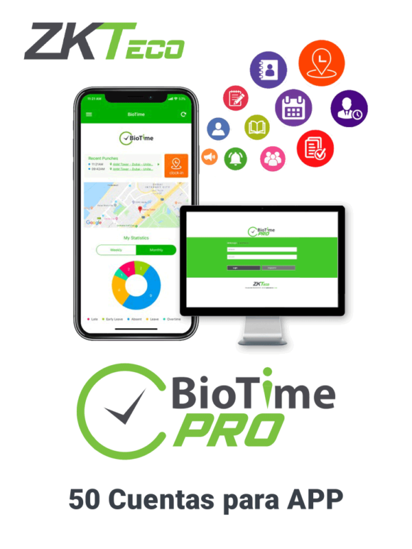 ZKTECO BIOTIMEPROAPPLITE - Licencia Vitalicia de Aplicación Móvil para uso de ZK BIOTIMEPRO / Compatible con celulares ANDROID o iOS / Soporta 50 cuentas