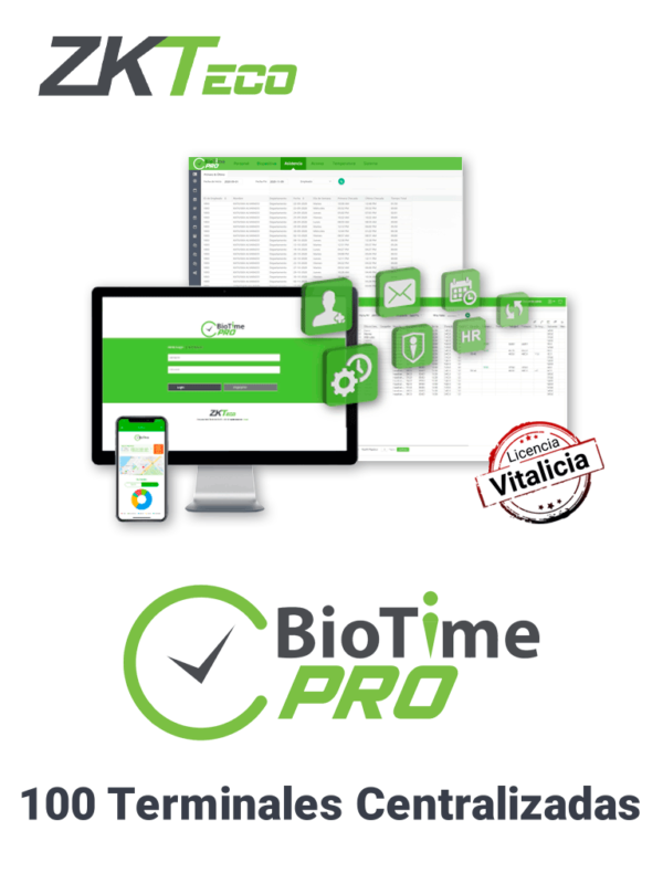 ZKTECO BIOTIMEPROENTERPRISE - Licencia de Asistencia Vitalicia / Versión WEB / para 100 Terminales Centralizadas / 12000 Empleados / 1 Punto para App / 10 Multicompañías