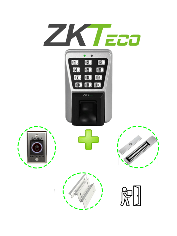 ZKTECO MA500PAK - Control de Acceso Profesional de Huella / Tarjeta y Password para Exterior con IP65 / Incluye Contrachapa Magnética LM2805 de 200Kg / Soporte de Fijación ZL / Botón de Salida No Touch