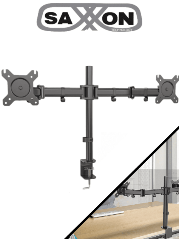 SAXXON SXVMD29 - Soporte de Escritorio para 2 Monitores de 13 a 27 Pulgadas/ 2 Brazos de Doble Articulación/ Soporta 8 Kg de Carga por Brazo/ Ajuste de Altura y Giro en cada Brazo/ Sujetador de Cables/ VESA 75/ 100/