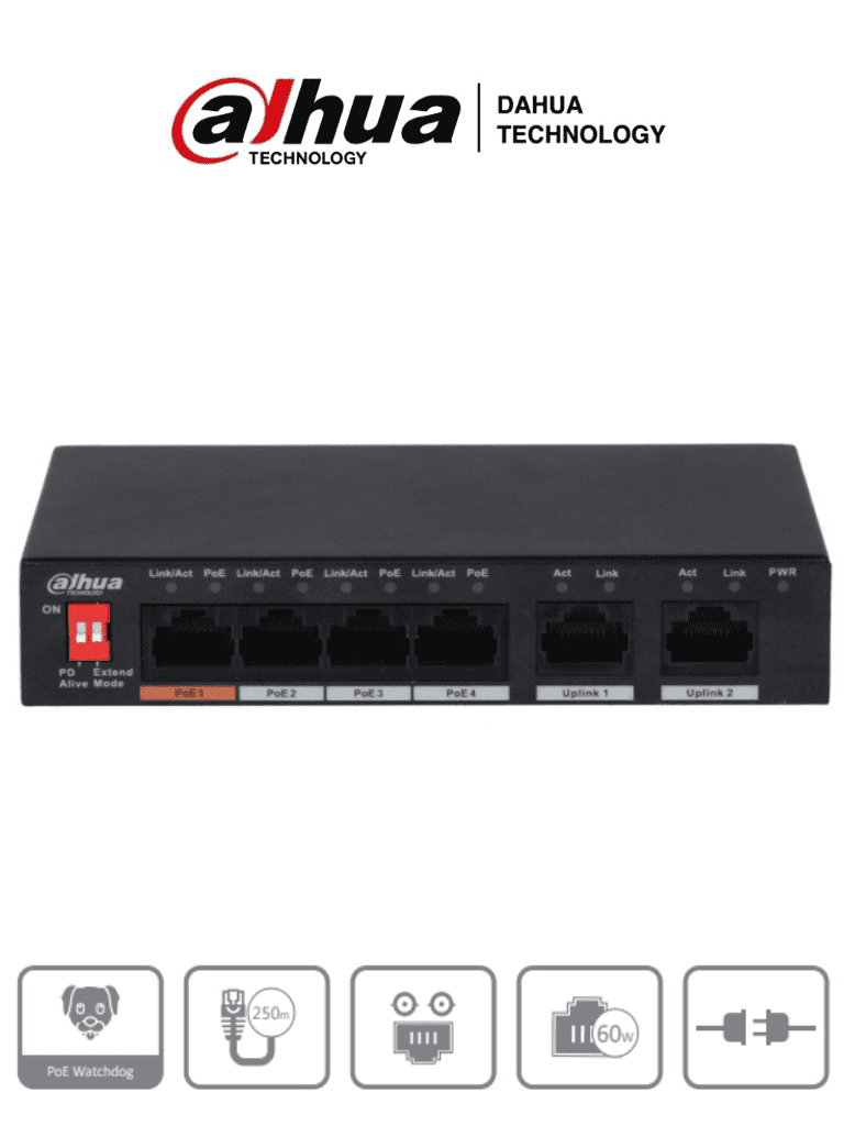 DAHUA PFS3006-4ET-60 - Switch PoE de 6 Puertos Fast Ethernet/ 4 Puertos PoE/ 2 Puertos Uplink/ 60 Watts Totales/ Soporta PoE Watchdog/ Puerto 1 Soporta Hi-PoE 60 Watts/ Capacidad de Switching de 1.8 Gbps/