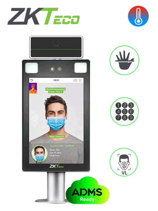 ZKTECO PROFACEXTICH - Terminal de Control de Acceso y Asistencia Facial y Palma con Medición de Temperatura y Uso de Cubrebocas / Lectura de QR e Intercom / Con Soporte para Torniquete / Serie Visible Light / #promoacceso