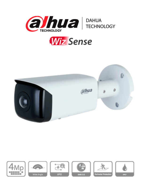 DAHUA IPC-HFW3441T-AS-P - Cámara IP Bullet Panorámica Resolución de 4 MP/ Lente 2.1 mm/ 180°/ IR 20 mts/IA WizSense/Detección de Movimiento Inteligente/ Protección Perimetral / Starlight / PoE / WDR/ H.265+/ IP67/ Micrófono / E&S Alarma