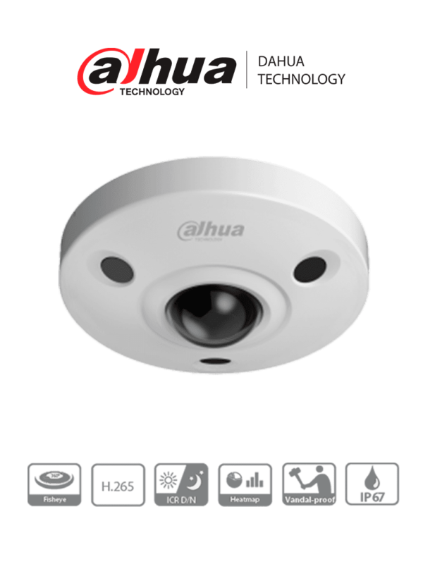 DAHUA IPC-EBW8630N - Cámara IP Fisheye Resolución de 6 MP/ Lente 1.7mm/360/ IR 10 mts/ IA WizMind/ Mapa de Calor/ PoE/ DWDR/ H.265/ IP67/ IK10/ E&S Alarma/ E&S Audio/