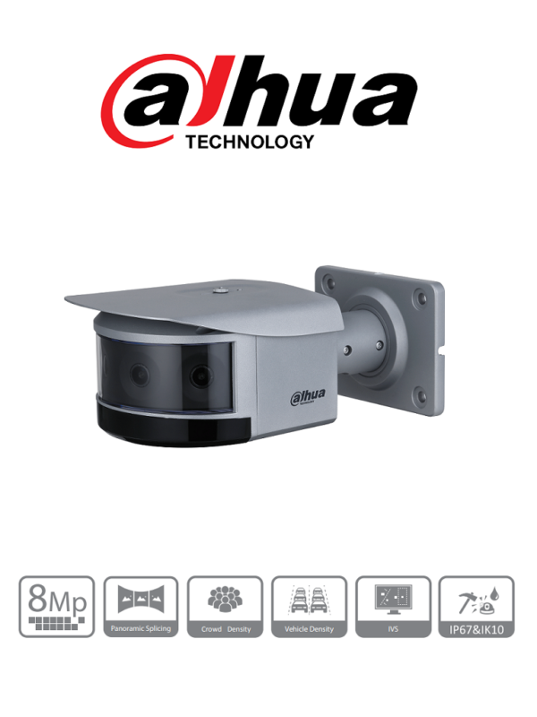 DAHUA IPC-PFW8840N-A180-E4-DC12AC - Cámara IP Bullet Panorámica 4K Resolución de 8 MP/ Lente 2.8 mm/ ∢ 180°/ IR 30 mts/ IA WizMind/ Densidad de Multitud de Personas y Vehículos/ Visualización Panorámica/ PoE/ DWDR/ H.265+/ IP67/ IK10/ E&S Alarma/