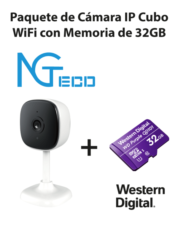 NGTECO NGC1201PAK - Paquete de Cámara NGC1201 IP Cubo WiFi 1080P con Memoria de 32GB Micro SDHC/ Linea Purple/ Clase 10 U1