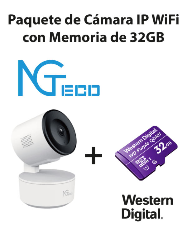 NGTECO NGC2301PAK - Paquete de Cámara NGC2301 IP WiFi 1080P con Memoria de 32GB Micro SDHC/ Linea Purple/ Clase 10 U1