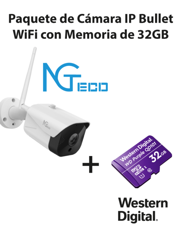 NGTECO NGC401PAK - Paquete de Cámara NGC401 IP Bullet WiFi 1080P con Memoria de 32GB Micro SDHC/ Linea Purple/ Clase 10 U1