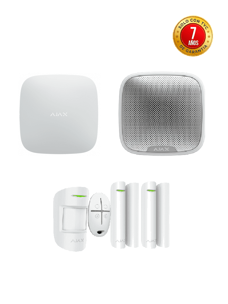 AJAX KIT RESIDENCIAL EXT - Panel de alarma control mediante aplicación para smartphone, 1 sensor de movimiento, 2 detectores para puerta o ventana, 1 control remoto y una sirena EXTERIOR inalámbrica
