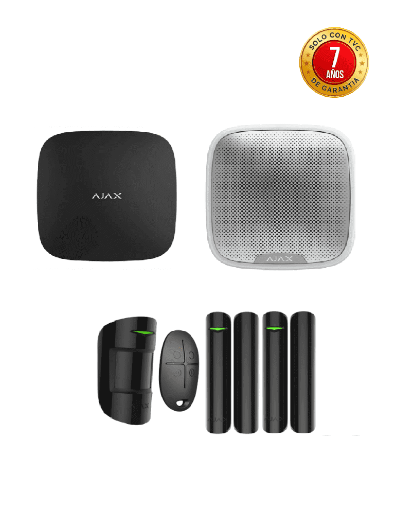 AJAX KIT RESIDENCIAL EXT B- Panel de alarma AJAX Color NEGREO control mediante aplicación para smartphone, 1 sensor de movimiento, 2 detectores para puerta o ventana, 1 control remoto y una sirena EXTERIOR inalámbrica