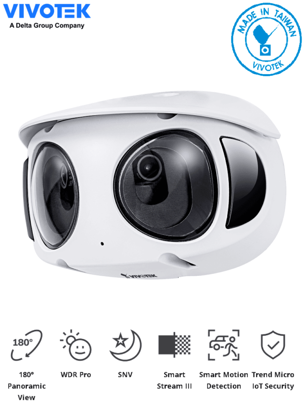 VIVOTEK MS9390-HV - Camara IP Panoramica 180º de exterior 8 Megapixeles, 4K, Luz IR 20mts, WDR Pro, Visión SNV, Smart Motion, Ciberseguridad Trend Micro, Microfono Integrado, Smart stream III, Protección IP66, IK10, ONVIF