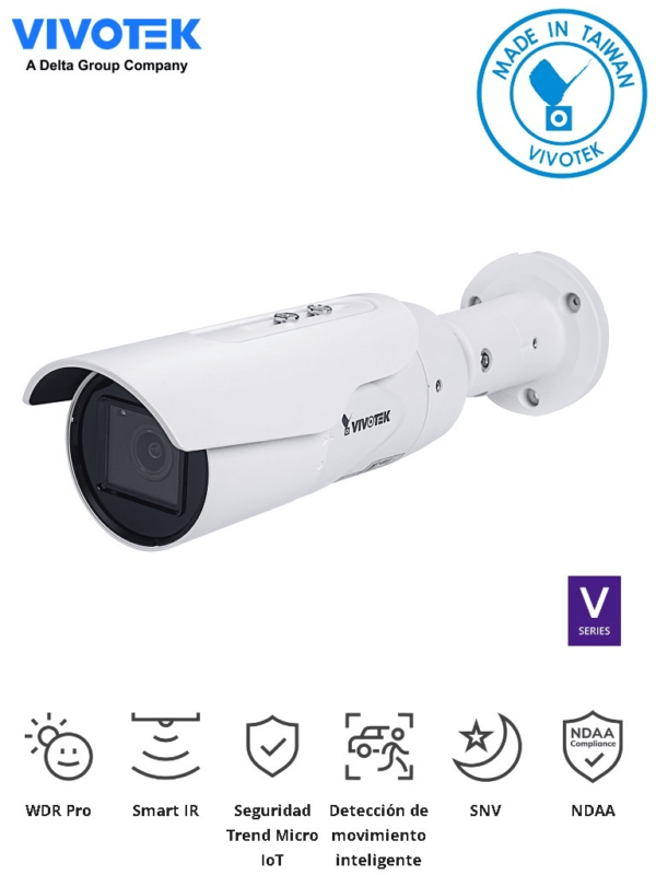 VIVOTEK IB9389-EHT-v2 - Camara IP bullet exterior 5 Megapixeles/ Lente varifocal 2.8-10mm / WDR Pro /Smart IR 30mts / Smart stream III/Visión SNV/ Ciberseguridad Trend Micro/ Smart Motion/ H265/ Protección IP66, IK10/ NDAA/ONVIF