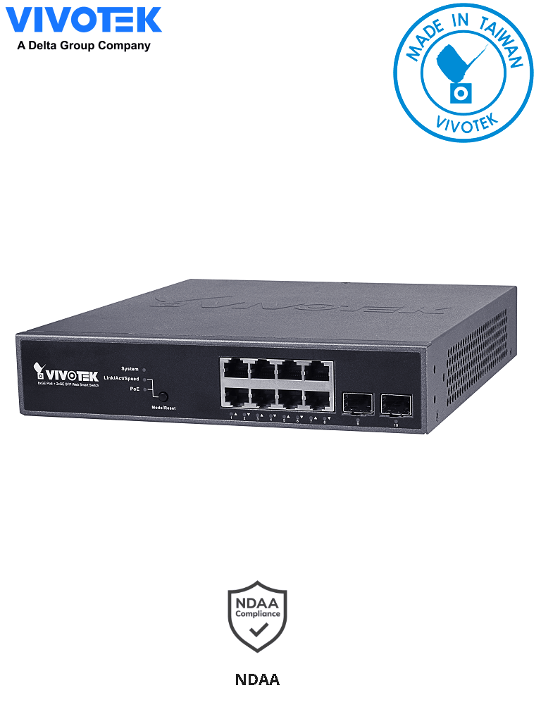 VIVOTEK AWGEV104B130 - Switch Gigabit PoE 8 puertos GE / 2 Puertos GE SFP / 130W Totales / WEB Smart / 30W Por puerto / VIVOCAM/ #Ciberseguridad